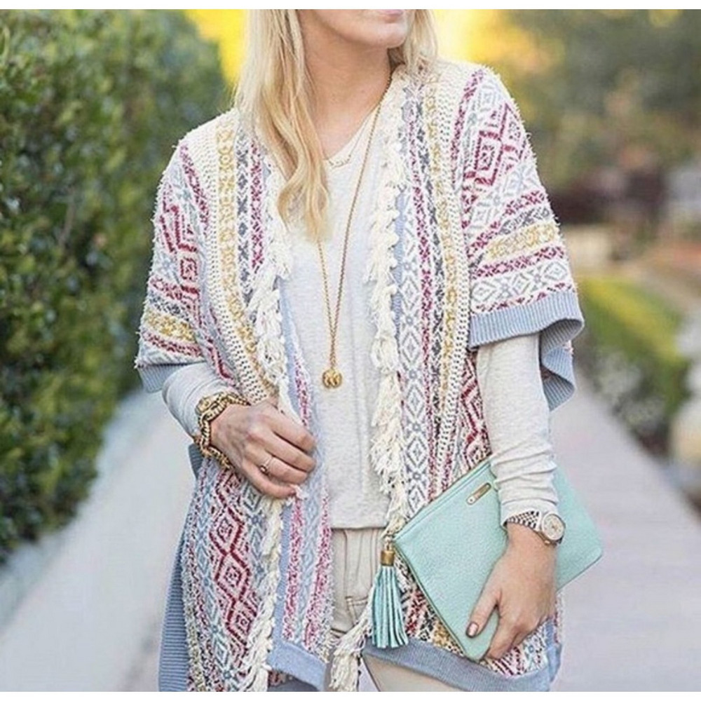 Cabi Love Carol Siesta Fringe Knit Poncho Boho Stripe Tassels Womens‎ XS S 5001